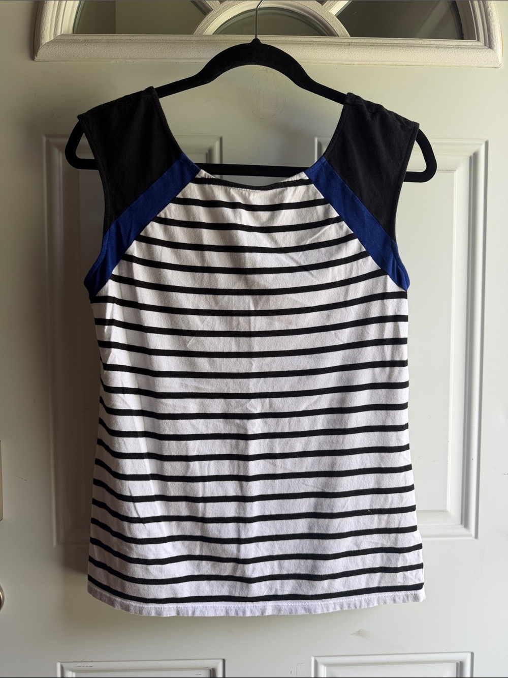 Express Black & White Striped Tank with Blue Shoulder Panels, large.